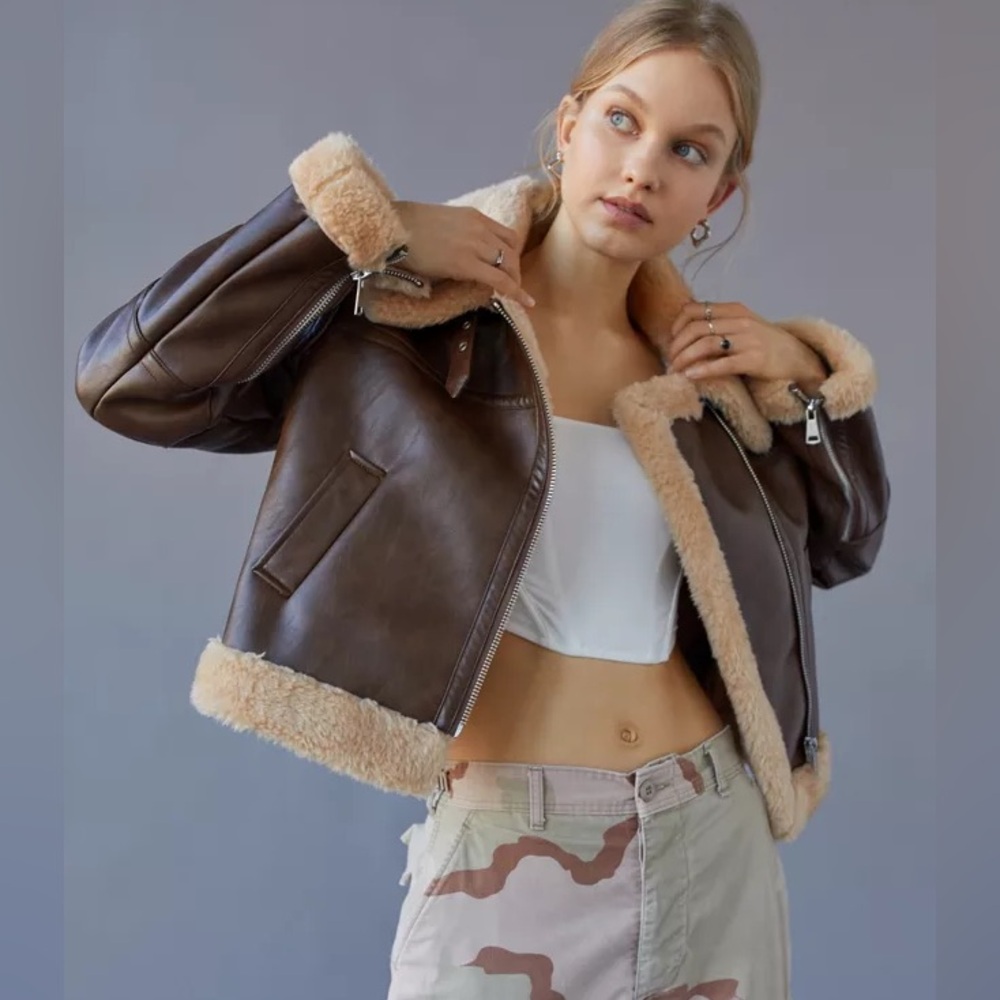Urban outfitters brown leather aviator fur sherpa jacket